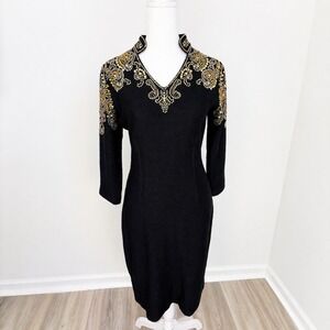 St John Couture Caviar Black Jeweled Knit Dress Sz 4 Evening Formal Cocktail NWT